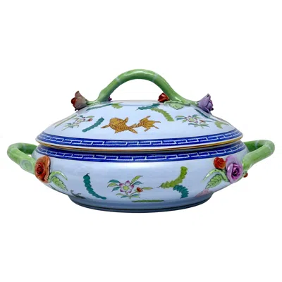 Pre-owned Herend Porcelain Poisson Tureen In Blue With Handles