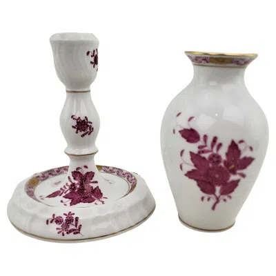 Pre-owned Herend Porcelain Raspberry Chinese Bouquet Candlestick & Vase Pairing In Gray