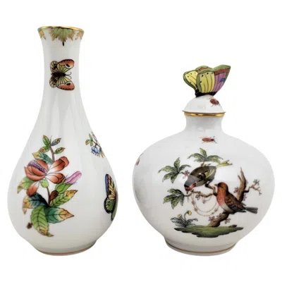 Pre-owned Herend Porcelain Rothschild Birds Perfume Bottle & Queen Victoria Vase Pairing In Transparent