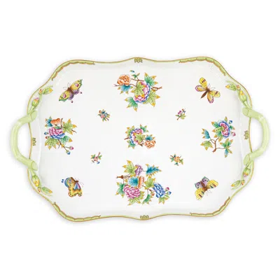Herend Queen Victoria Rectangular Tray With Branch Handles In Green