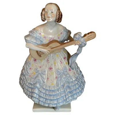 Pre-owned Herend Rococo Blue Porcelan Large Figurine “mrs. Déry” Lady Playing Guitar 14 Inches