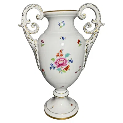 Pre-owned Herend Rococo Porcelain White Flowers  Large Two Handled Vase Hand-painted 1950