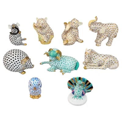 Pre-owned Herend Set Of Nine  Fishnet Porcelain Animal Figurines In Gray