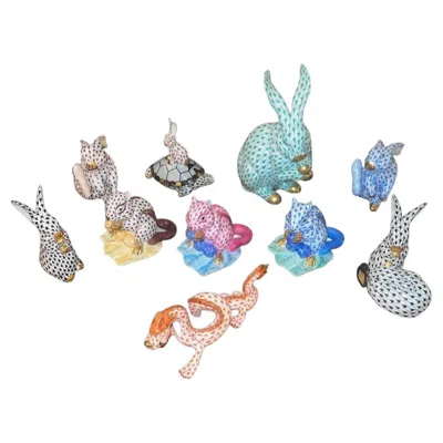 Pre-owned Herend Set Of Ten  Fishnet Porcelain Animal Figurines. Hungary, 20th Century. In Gray