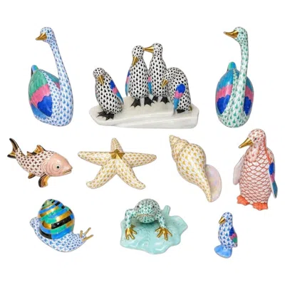 Pre-owned Herend Set Of Ten  Porcelain Aquatic Animal Figurines. Hungary, 20th Century. In Gray