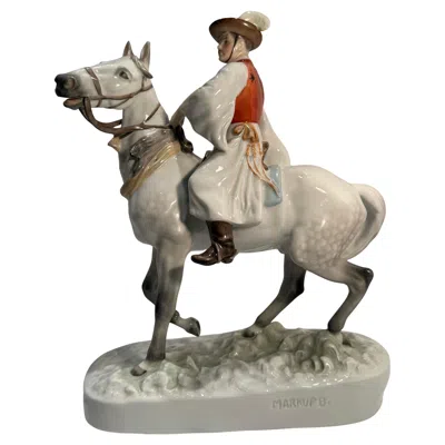Pre-owned Herend Very Large  Csikós On Horseback Fine Quality Hungarian Porcelain Figurine In Gray