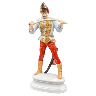 Pre-owned Herend Vintage  Hungary Hand-painted Porcelain Hussar With Sabre Figurine In Beige