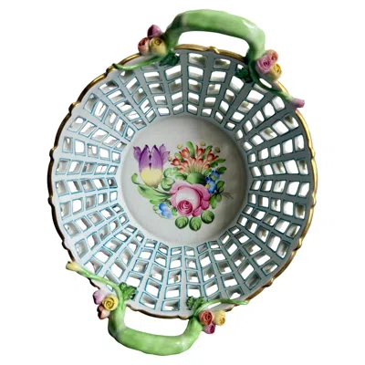 Pre-owned Herend Vintage Porcelain Bunch Of Tulip Big Basket With Handle In Gray