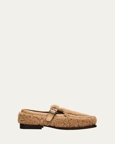 Hereu Alber Curly Shearling T-bar Loafers In Brown