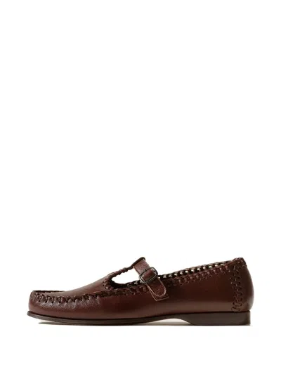 Hereu Alcover Supple Shiny Braided T-bar Loafers In Brown