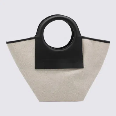 Hereu Beige And Black Leather And Canvas Cala Tote Bag