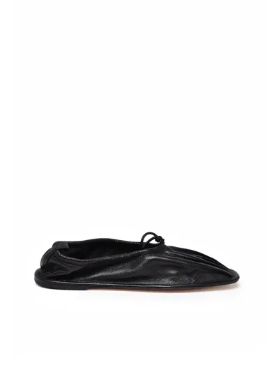 HEREU BLACK GATHERED DESIGN BOW FLAT LEATHER LOAFERS