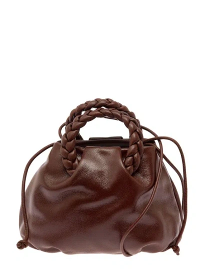 Hereu Bombon M' Brown Handbag With Braided Handles In Shiny Leather In Black