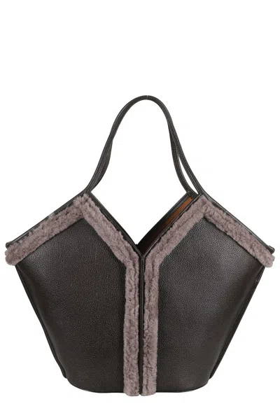 Hereu Calella Shearling Trimmed Leather Shoulder Bag In Black
