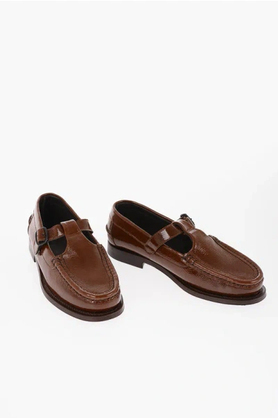 Hereu Glossy Effect Alber T-bar Loafers With Strap In Brown