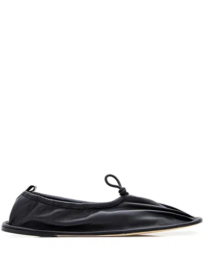 Hereu Black Gathered Design Bow Flat Leather Loafers