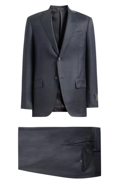 Heritage Gold Milano Contemporary Fit Charcoal Grey Plaid Super 130s Wool Twill Suit In Blue
