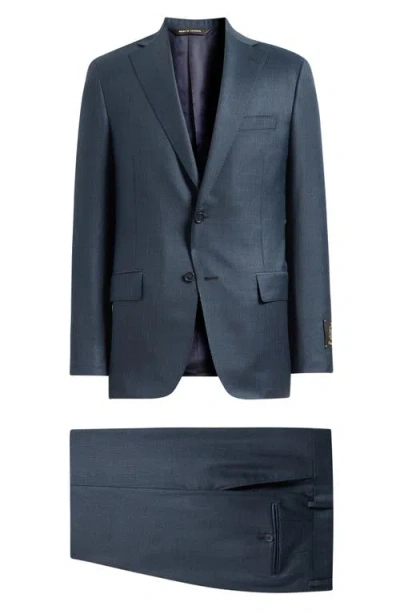 Heritage Gold Milano Contemporary Fit Dark Teal Microcheck Super 130s Wool Suit In Blue