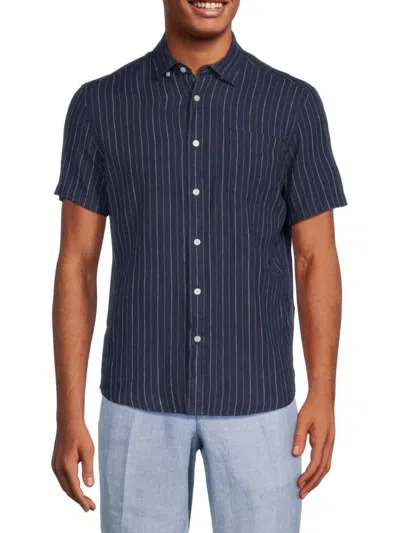 Heritage Report Collection Men's Short Sleeve Striped Linen Button Down Shirt In Navy