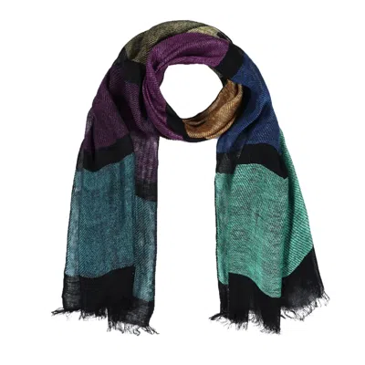 Heritagemoda Women's Black / Blue / Green Midnight Jewel Linen Scarf – Handwoven Multicolour Stripe Scarf In Black/blue/green