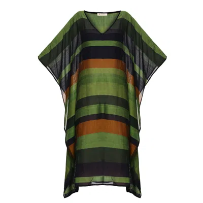 Heritagemoda Women's Green / Brown Handwoven Green And  Brown Striped Kaftan – Earthy, Breezy, Effortlessly Chic In Multi