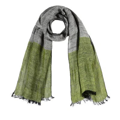 Heritagemoda Women's Green / Grey Olive Green & Stone Grey Linen Scarf – Handwoven Two-tone Striped Scarf In Green/grey
