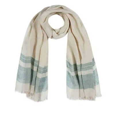 Heritagemoda Women's Neutrals Handwoven Light Beige Linen Scarf With Sage Green Colour-block Detail In Beige/green