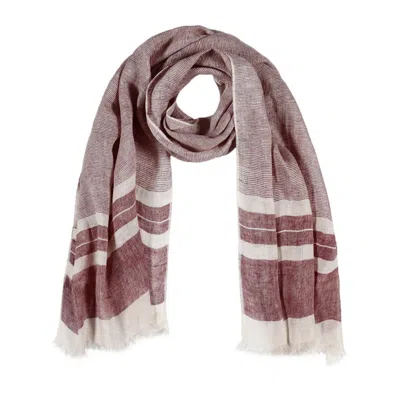Heritagemoda Women's Neutrals / Red Plum Horizon – Light Beige Linen Scarf With Muted Plum Stripes