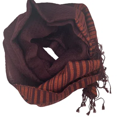Heritagemoda Women's Red / Black Lightweight Wool Scarf In Deep Burgundy With Rust Stripes – Textured Woven Scarf In Red/black