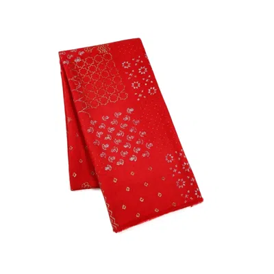 Heritagemoda Women's Red Handwoven Wool Scarf With Gold & Silver Block Print