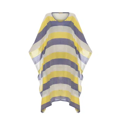 Heritagemoda Women's White / Yellow / Blue Handwoven Amalfi Sheer Cotton Kaftan With Yellow & Blue Stripes In Multi