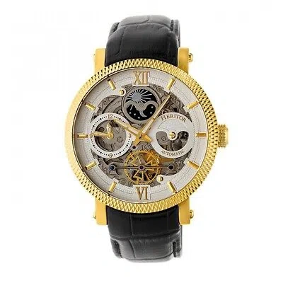 Pre-owned Heritor Automatic Aries Men's Skeleton Black Leather Gold Watch Hr4406