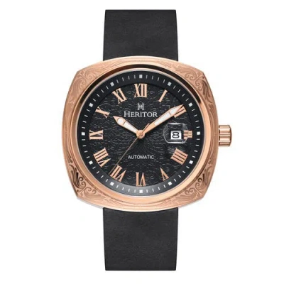 HERITOR AUTOMATIC HERITOR AUTOMATIC DAVENPORT ENGRAVED-CASE LEATHER-BAND WATCH W/ DATE