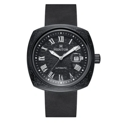 HERITOR AUTOMATIC HERITOR AUTOMATIC DAVENPORT ENGRAVED-CASE LEATHER-BAND WATCH W/ DATE