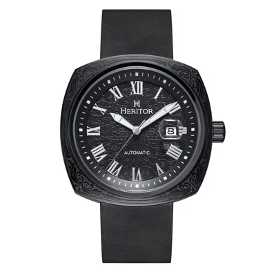 Heritor Automatic Davenport Engraved-case Leather-band Watch W/ Date In Black