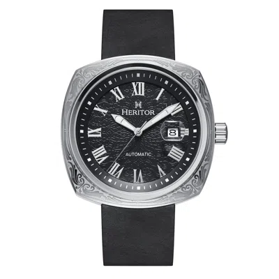 HERITOR AUTOMATIC DAVENPORT ENGRAVED-CASE LEATHER-BAND WATCH W/ DATE