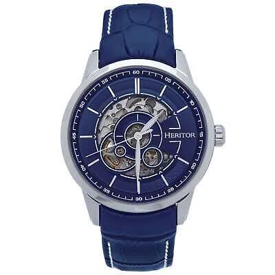 Pre-owned Heritor Automatic Davies Semi-skeleton Leather-band Watch - Silver/navy