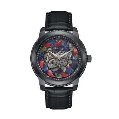 Heritor Automatic Emmanuel Semi-skeleton Leather-band Watch In Black