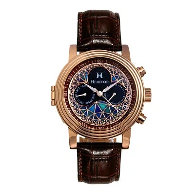 Pre-owned Heritor Automatic Legacy Leather-band Watch W/day/date - Rose Gold/brown