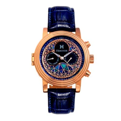 Heritor Automatic Legacy Leather-band Watch W/day/date In Rose Gold/blue
