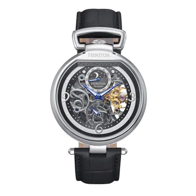 Heritor Automatic Lincoln Leather-band Skeleton Watch With Moon Phase In Black