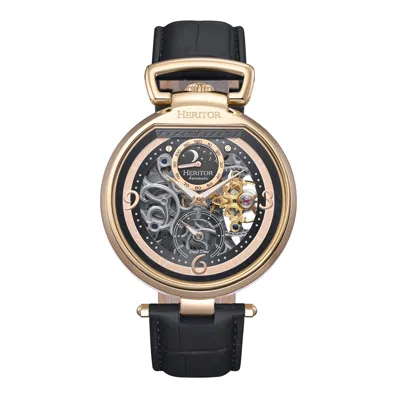 Heritor Automatic Lincoln Leather-band Skeleton Watch With Moon Phase In Gold