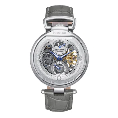 Heritor Automatic Lincoln Leather-band Skeleton Watch With Moon Phase In Grey