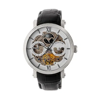 Heritor Automatic Men's Aries Leather-band Skeleton Watch With Moon Phase - Silver In Black
