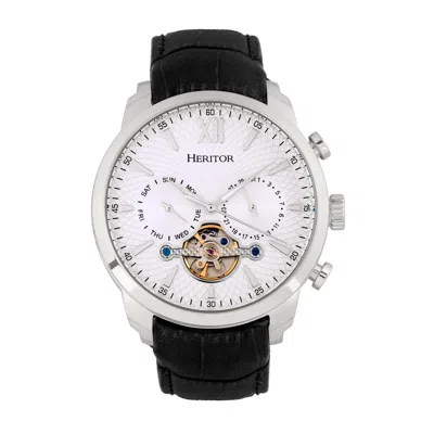Heritor Automatic Men's Arthur Semi-skeleton Leather-band Watch With Day And Date - Silver In Black