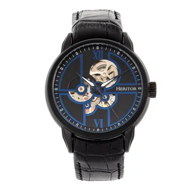 Heritor Automatic Men's Black / Blue Sanford Semi-skeleton Leather-band Watch - Black, Blue