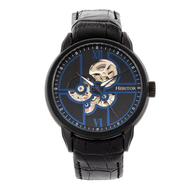 Heritor Automatic Men's Black / Blue Sanford Semi-skeleton Leather-band Watch - Black, Blue In Multi