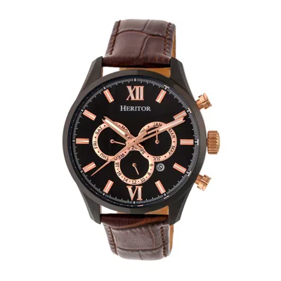 Heritor Automatic Men's Black / Brown Benedict Leather-band Watch With Day And Date - Black, Brown In Black/brown