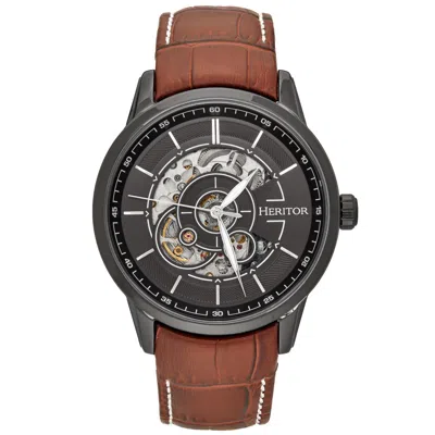 Heritor Automatic Men's Black / Brown Davies Semi-skeleton Leather-band Watch - Black, Brown