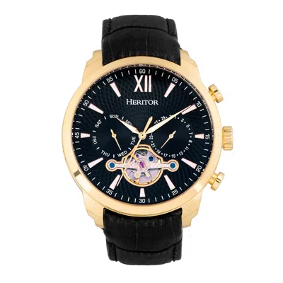 Heritor Automatic Men's Black / Gold Arthur Semi-skeleton Leather-band Watch With Day And Date - Black, Gold